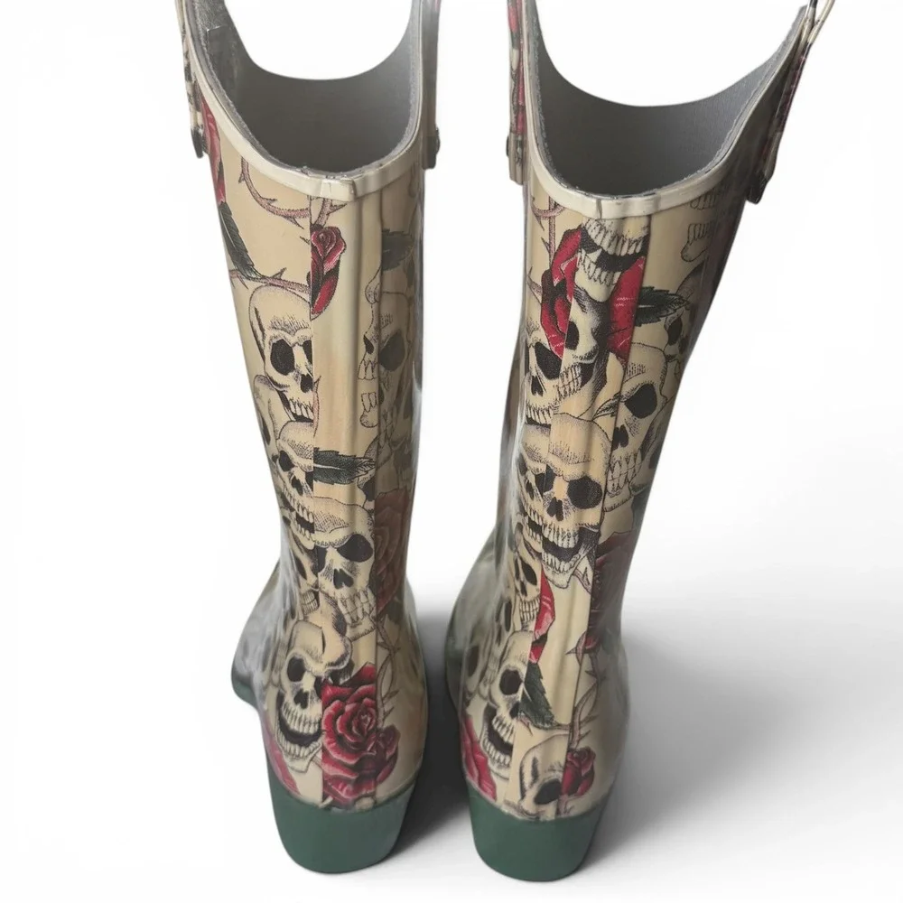 Goth Cowgirl Nomad Western Size 7 Skull Rose Rubber Rain Boots Womens Punk Green